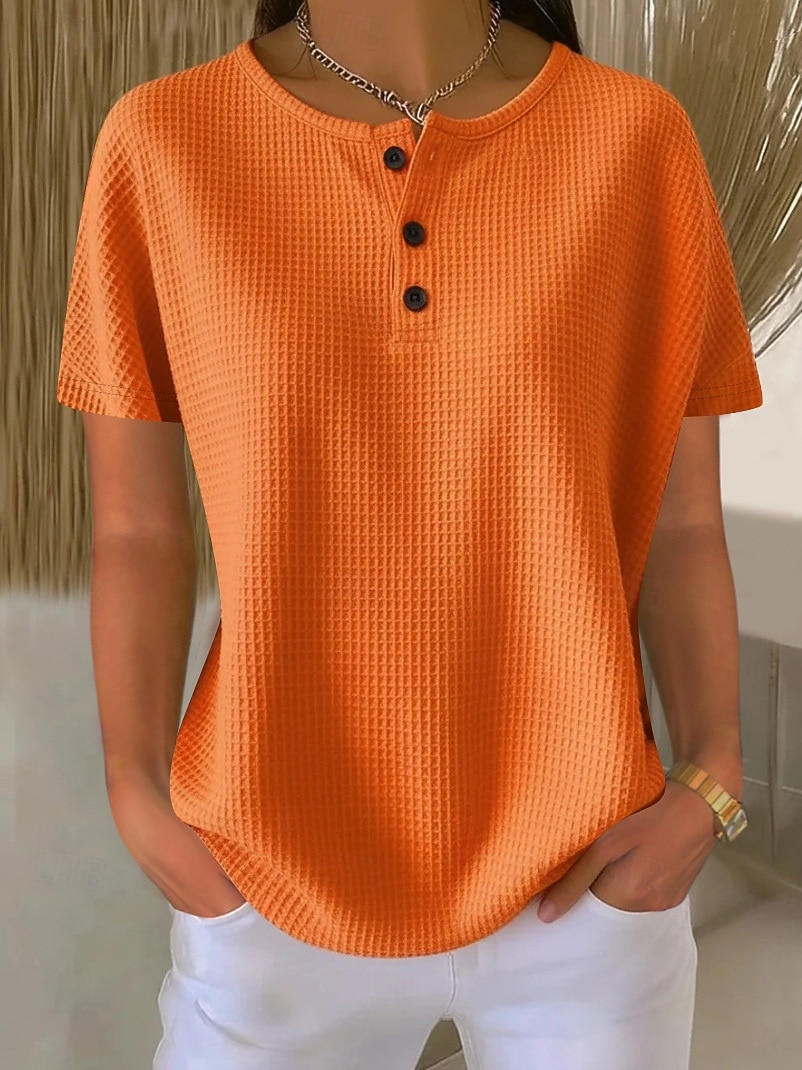 בגדי ריקוד נשים אוברסייז חולצה קצרה טי שירטס טופים מארג וויפל כפתור קדמי אחיד אופנתי מסוגנן קלסי שרוולים קצרים צווארון עגול קצר הנלי חולצות רגילות יומי ליציאה סוף שבוע לבן כתום קיץ אביב 2026 - CLP $26680 –P1