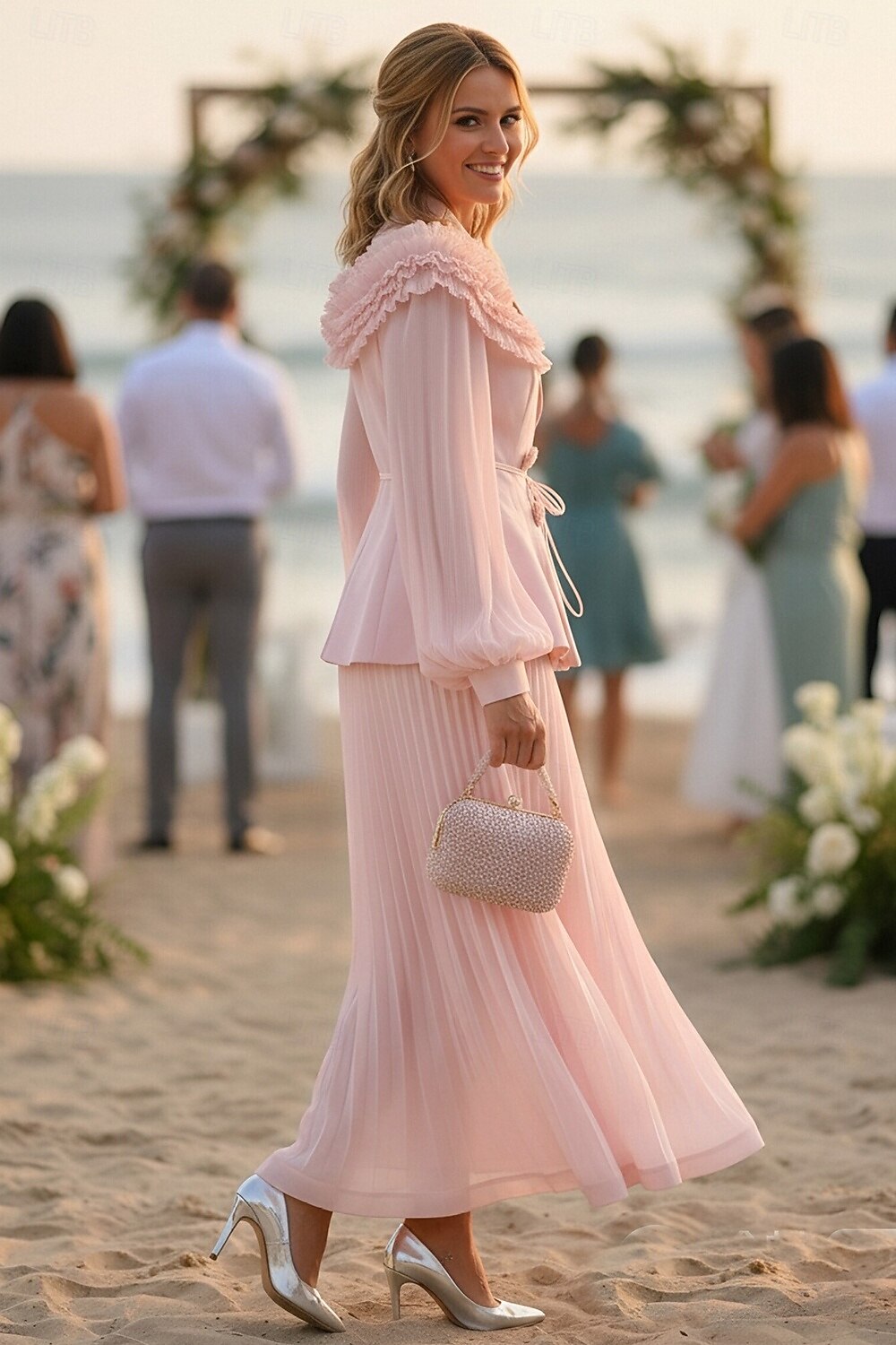 Zweiteilig A-Linie Knöchellänge Kleid für Hochzeitsgäste Kleider für Hochzeitsgäste Elegant Vintage Täglich Langarm Revers Gartenparty Hochzeit mit 3D-Blumen Falten 2026 - $137.99 –P3