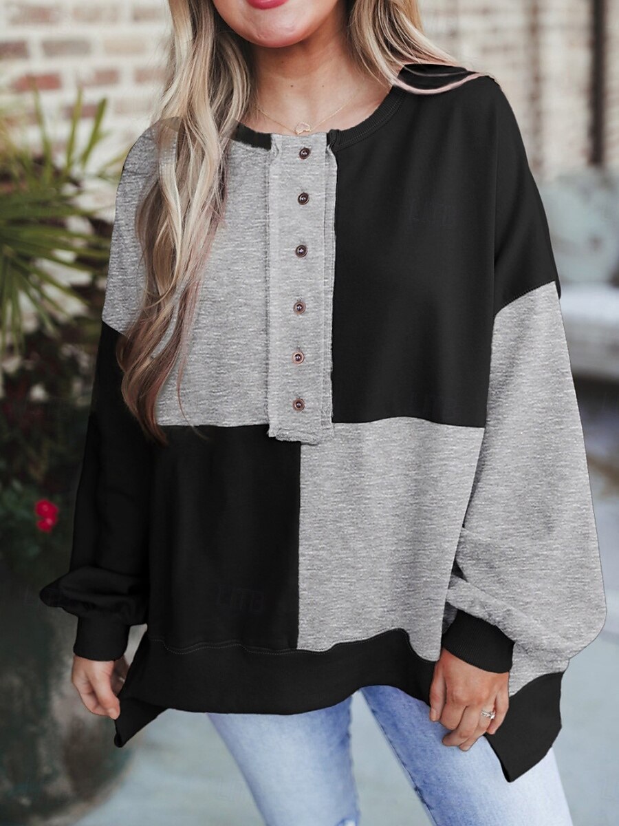 Жен. Pullover Толстовки Пэчворк Пуговицы Контрастных цветов Мода Классика Современное Длинный рукав Вырез под горло Обычные топы Для улицы На каждый день Синий Черный Розовый Небесно-голубой Зеленый 2026 - $41.99 –P11