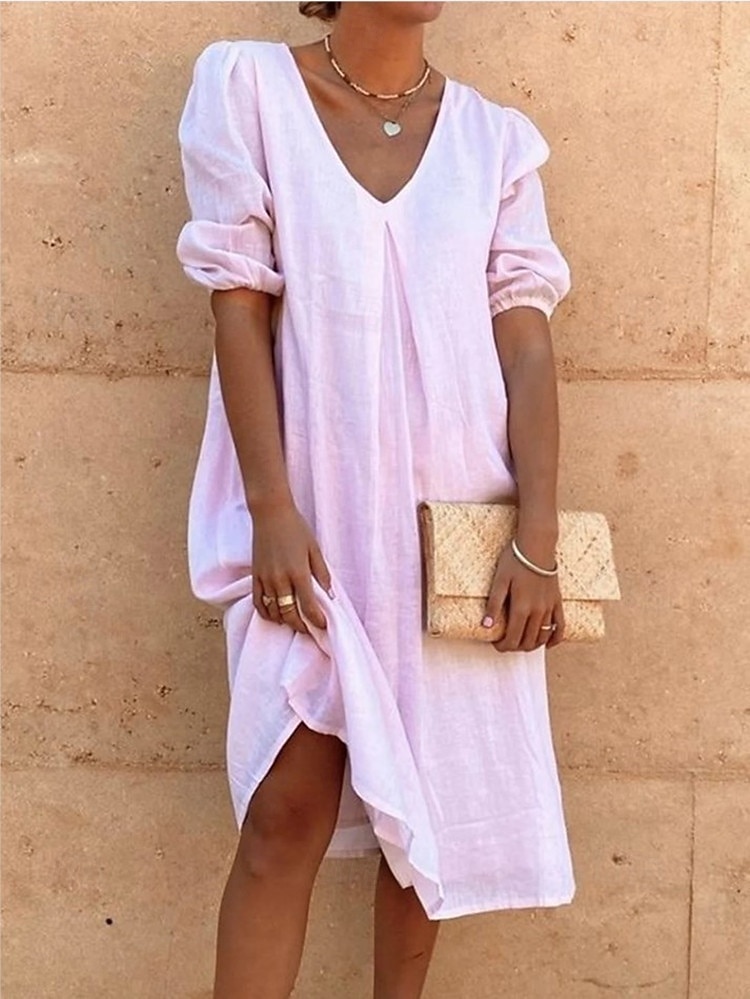 Women's Midi Dress Linen-feel Dresses Shift Dress Shirt Dress White Dress Basic Modern Daily Weekend Loose Fit Plain 3/4 Length Sleeve V Neck Blue Black White Sky Blue Summer Spring 2026 - $13.99 –P7