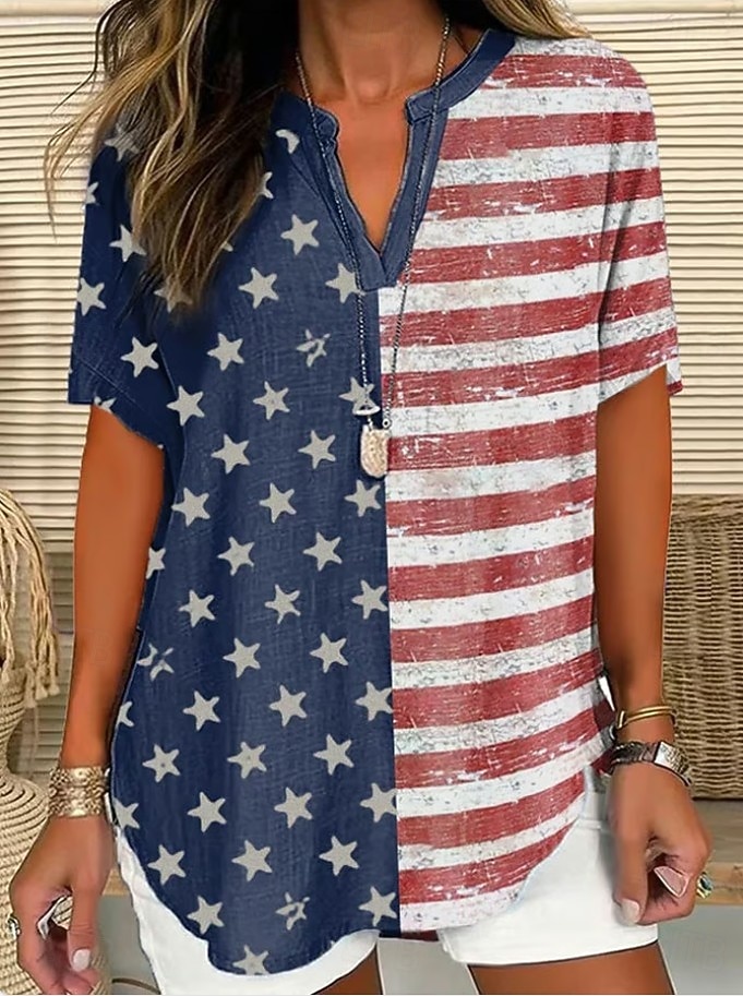 Independence Day Patriotic Women's Blouse Linen Like Breathable Lightweight Graphic Flag Vintage Daily Stylish Short Sleeve V Neck Regular Tops Daily Holiday Red / Blue Summer Spring 2026 - $33.99 –P1