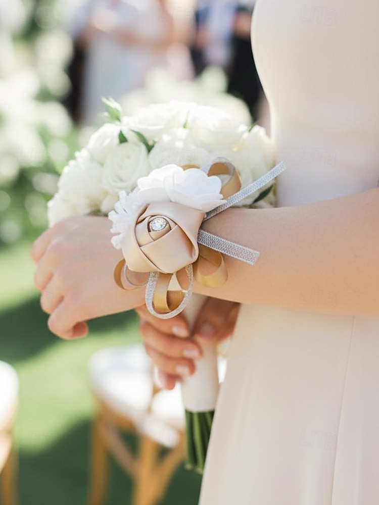 Ramillete de muñeca de rosas para mujer, flor de cinta de poliéster con pulsera elástica de perlas falsas, varios colores, accesorio elegante para damas de honor y novias para bodas, bailes de graduación y eventos formales. 2026 - $9.99 –P4