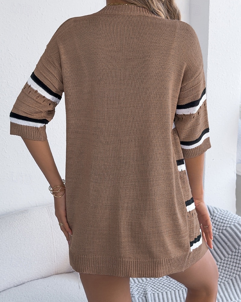Dam Skjorta Blus Stickad Randig Stylish Klassisk Modern Halvlång ärm V-hals Vanliga toppar Dagligen Helgdag Utekväll Vin Brun Kaki Sommar Vår 2026 - $34.99 –P14