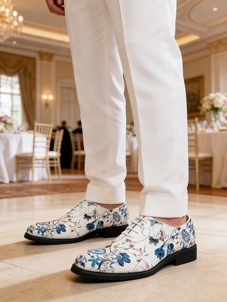 Chaussures habillées blanches pour homme à motif floral, broderie florale bleue, modèle Oxford à lacets, style élégant et formel pour mariages, fêtes et occasions spéciales. de 2026 ? $54.99 –P2