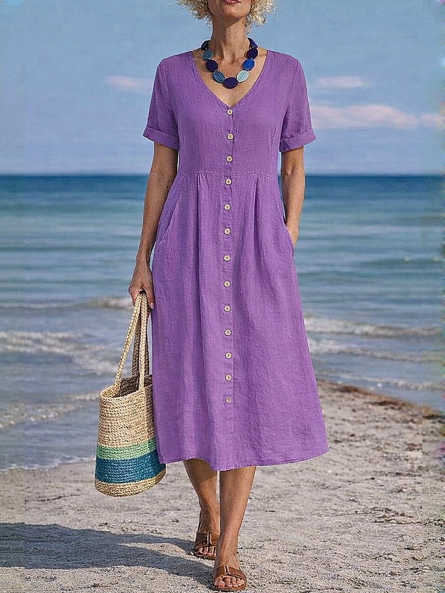 Damskie Sukienka midi Sztuczna bawełna len Sukienka A line Codzienny Codzienny Regularny Równina Krótki rękaw W serek Niebieski Czarny Biały Wino Lato Wiosna 2026 - $31.99 –P14