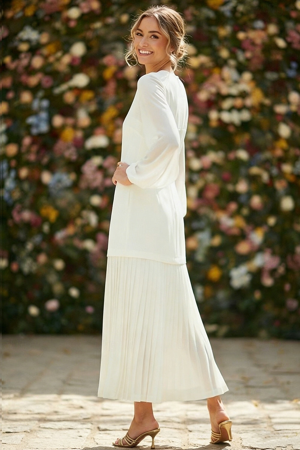 Tubinho Até o Tornozelo Vestido branco Vestidinho branco Vestidos para convidadas de casamento Elegante Manga Longa Gola Redonda Formal Convidado do casamento Chiffon com Pregas Franzido de 2026 por $137.99 –P2