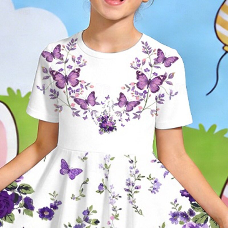 Semana Santa Girls ' 3D Floral Graphic Mariposa Vestido Manga Corta Impresión 3D Verano Primavera Diario Vacaciones Fiesta Estilo lindo Básico Casual Niños 4-12 años Vestido informal Vestido de una 2026 - $19.99 –P4