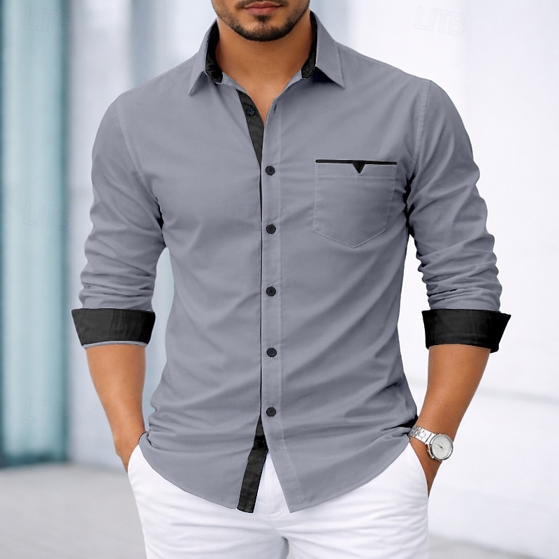 Per uomo Camicia Camicia elegante Camicia con Bottoni Tinta unica Quotidiano Affari Blu chiaro Nero Bianco Rosa Manica Lunga Collo ripiegato Tutte le stagioni Abbigliamento Patchwork del 2026 a $27.99 –P3