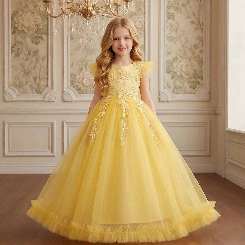 Robe de Demoiselle d'Honneur Fille Fille Robe de soirée Tenue de mariage Soirée Mariage Formel Mode Princesse Beau Maille Couleur Unie Sans manches Col Rond Bleu Jaune 4 ans et + de 2026 ? $47.99 –P16