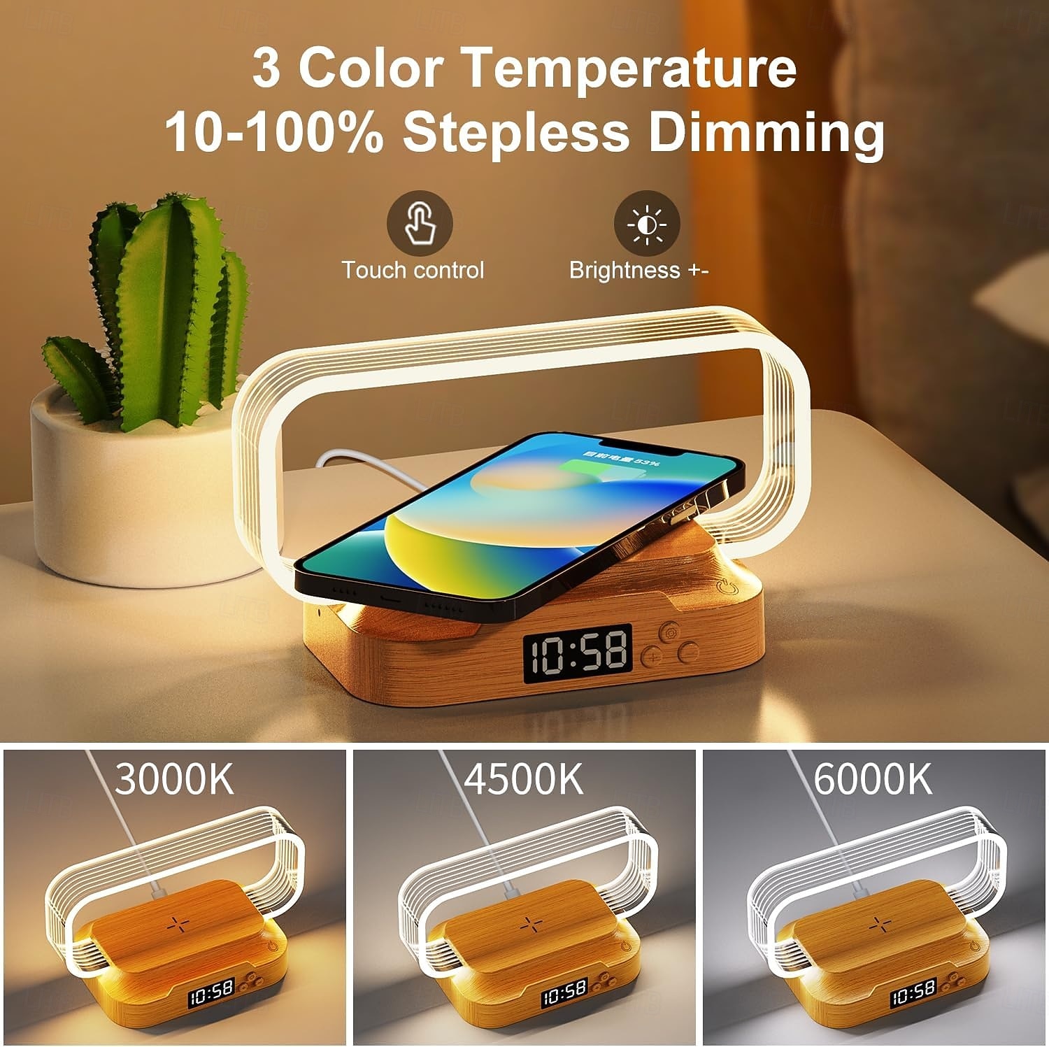 Lámpara de mesita de noche con cargador inalámbrico, linda lámpara de noche con reloj, pequeña lámpara de mesa para dormitorio, mini luz de noche para dormitorio, pequeña luz como regalo, regulable 2026 - $39.99 –P2