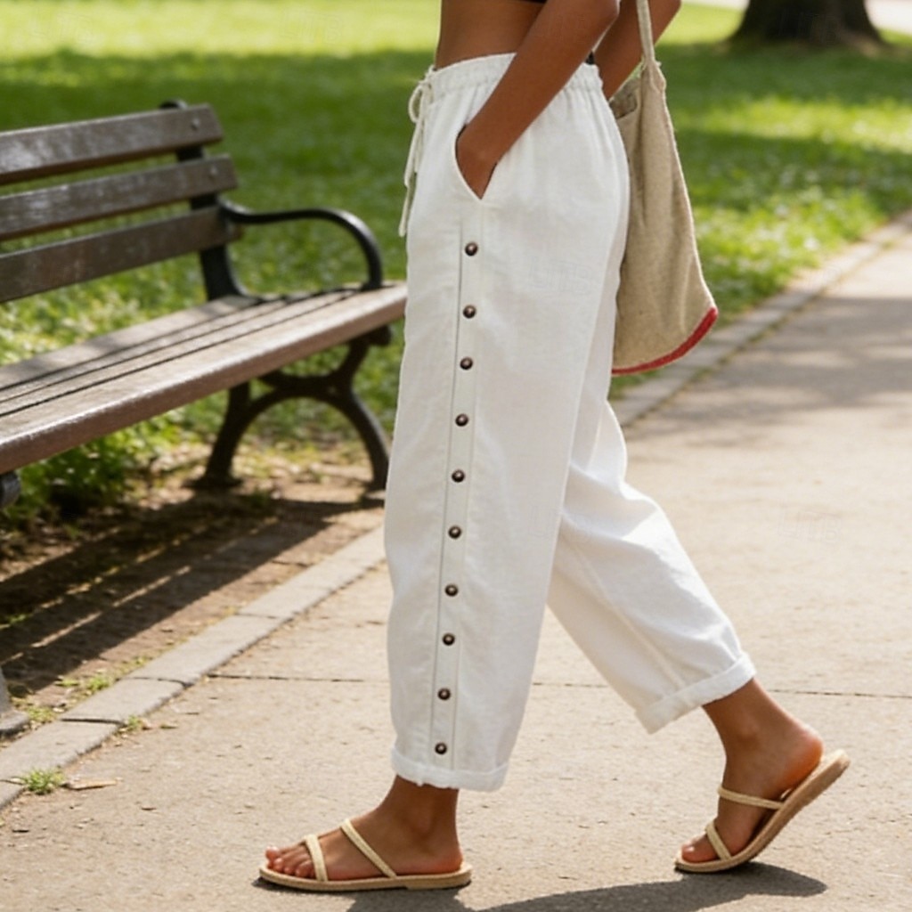 2026年 女性用 コットン ズボン サマーパンツ ビーチパンツ 旅行度假风 ファッション カジュアル 普段着 足首丈 ハイウエスト 平織り 弾性ウエスト サイドボタン ライトウェイト 快適 高通気性 伸縮性なし ストリートウェア ビーチ 祝日 ブルー ブラック ホワイト カーキ色 夏 春 秋 レギュラー  コレクション – $37.99 –P1
