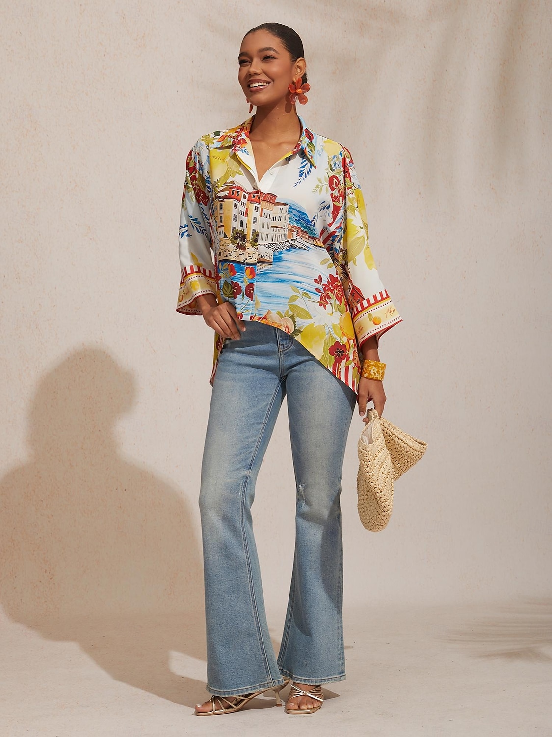 Sommerbluse aus fließendem Chiffon mit malerischem Blumenmuster im Santorini-Stil 2026 - $67.99 –P3