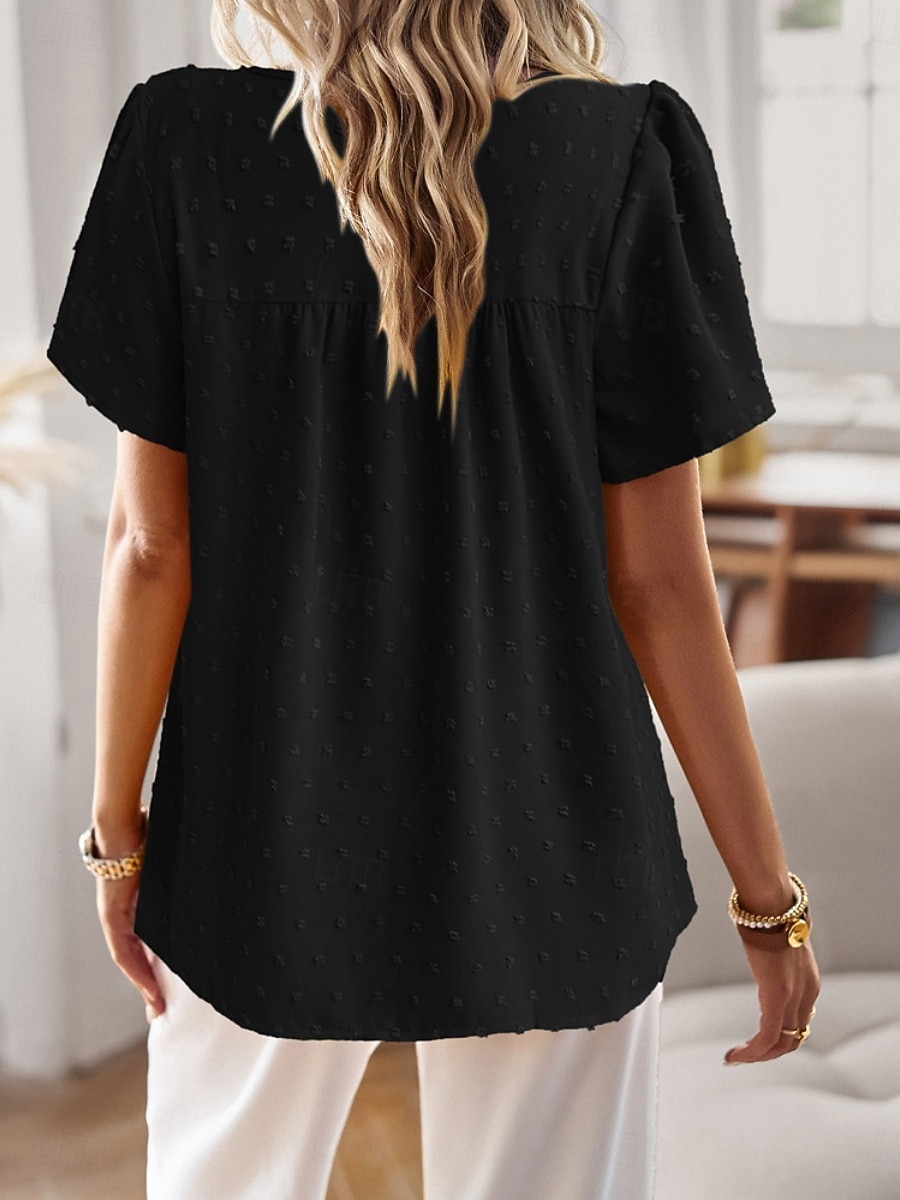 Women's Summer Shirt Casual Shirt Blouse Lace Trim Solid Color Vacation Stylish Casual Short Sleeve Crew Neck Regular Tops Daily Beach Holiday Blue Black White Pink Red Summer Spring 2026 - $32.99 –P20