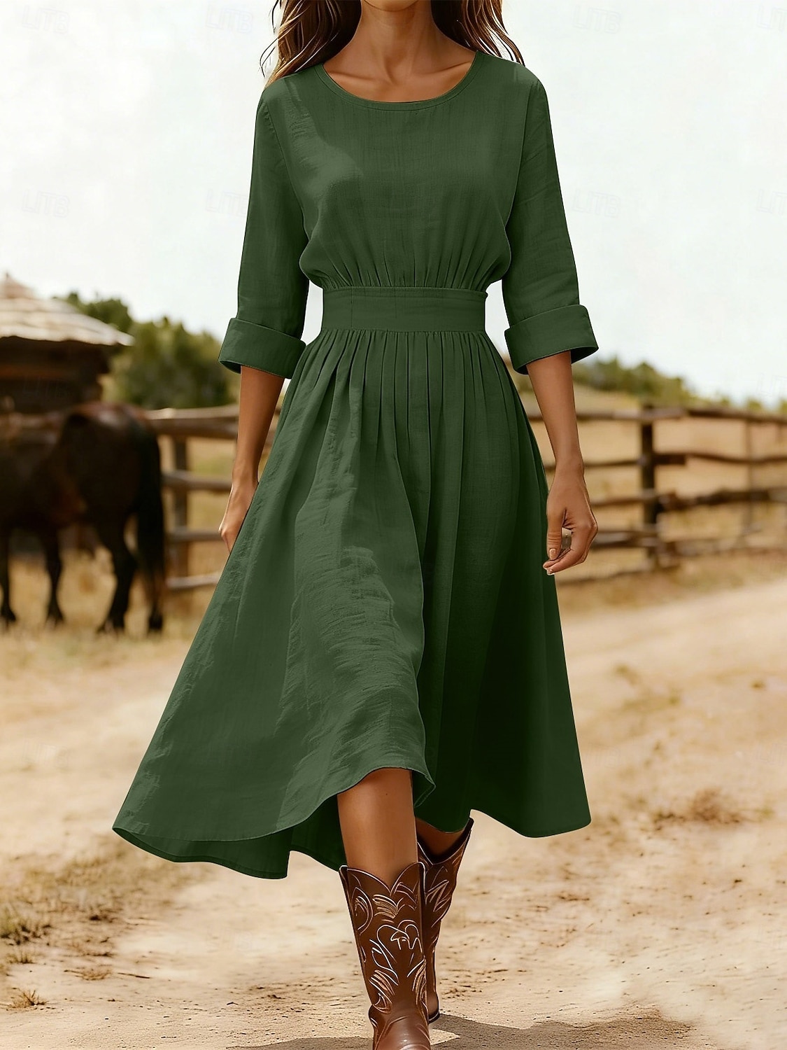 2026年 女性用 ミディドレス A ラインドレス 旅行度假风 カジュアル レギュラー 平織り 七分袖 クルーネック ブルー ブラック ピンク ネイビーブルー 夏 春 秋  コレクション – $33.99 –P7