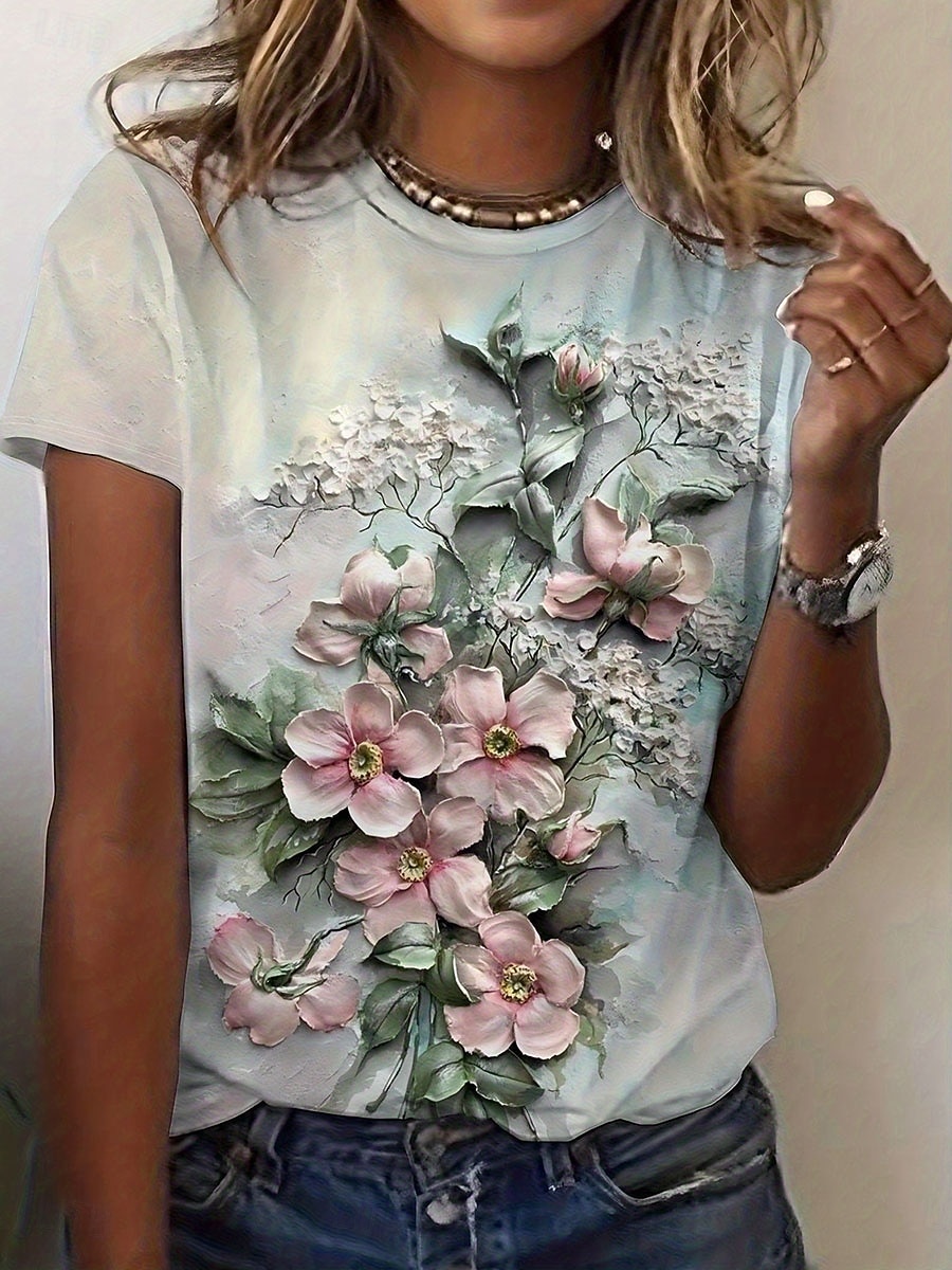 Per donna Maglietta Stampato Floreale Grafico Piante Vintage Elegante Classico Manica Corta Girocollo Top Regolari Quotidiano Weekend Blu Rosa Rosso Beige Estate Primavera Autunno Inverno del 2026 a $22.99 –P4