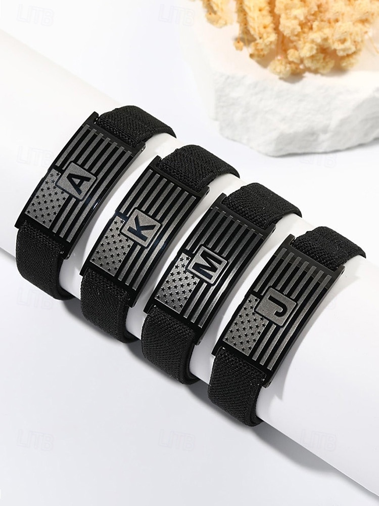 Men's Adjustable Alphabet Bracelet with Stainless Steel Flag Plate, Polyester Elastic Band, 26 Initial Letters, Patriotic Wristband for US 250th Anniversary & Independence Day 2026 - $11.99 –P5