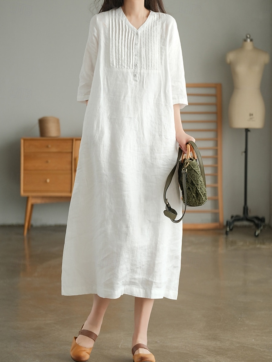Per donna Abito Midi Abiti effetto lino Abito a Tubino Abito Estivo Casual Quotidiano Vestibilità comoda Semplice Manica 3/4 Scollo a V Blu Arancione Verde Beige Estate Autunno del 2026 a $32.99 –P5