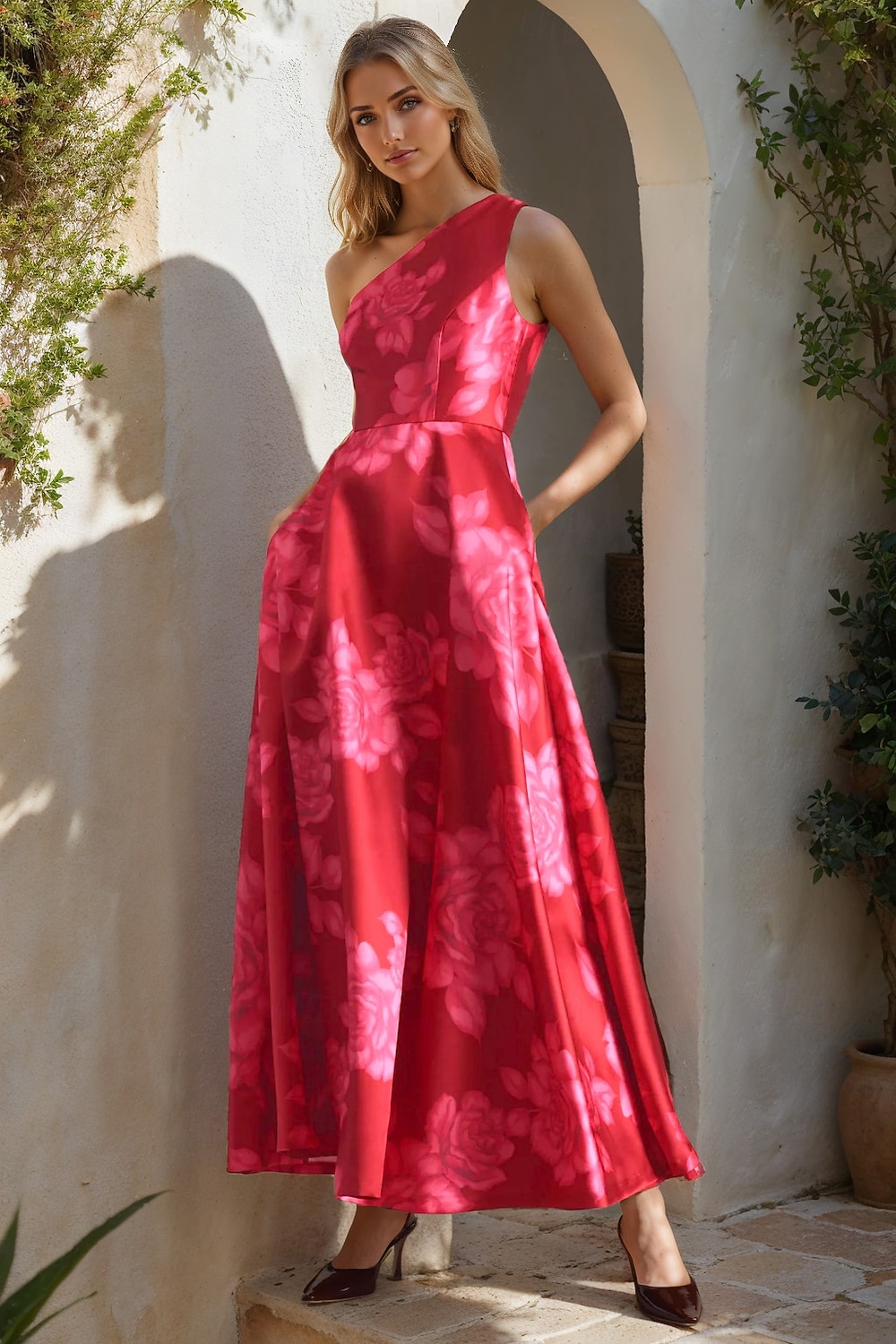 A-Line Tea Length Cocktail Dresses Evening Gown Ball Gown Formal Dress  Elegant Celebrity Style Princess Sleeveless One Shoulder Garden Party  Wedding Satin with Floral Print 2026