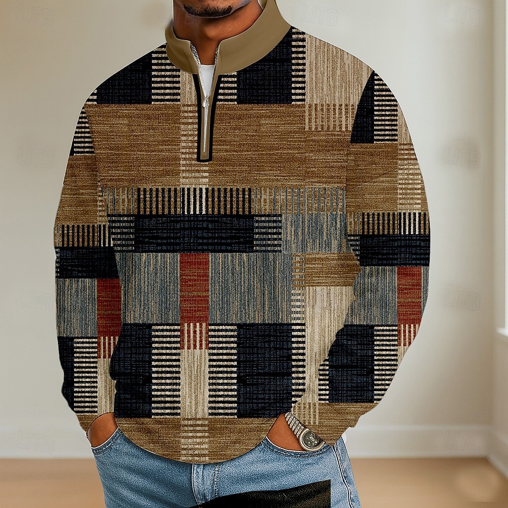 Per uomo Blocco di colori Geometrico Polo Manica Lunga Colletto Mao Athleisure Vacanza Athleisure Casual Quotidiano Stampa 3D Primavera Autunno Blu Viola Marrone del 2026 a $22.99 –P5