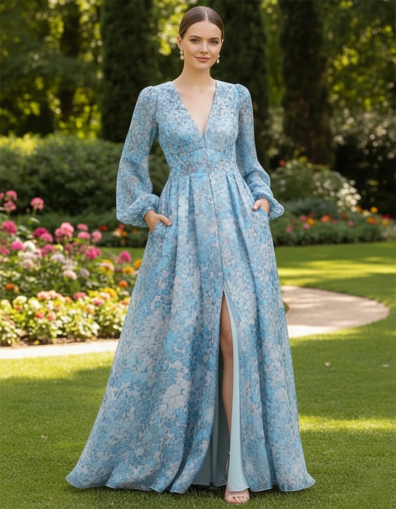 Krój A Sięgająca podłoża Suknia formalna Elegancja Bez rękawów W serek Impreza w ogrodzie Ślub Kieszonki Organza z Plisy Rozcięciem Nadruk 2026 - $205.89 –P4