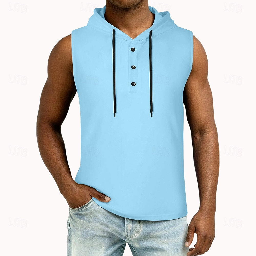 2026年 男性 ベストトップ ヘンリーパーカー ティートップ ノースリーブ フード付き 夏 純色 平織り ファッション デザイナー ベーシック ボタン フード付き カジュアル バケーション ストリート ブルー ブラック ホワイト メンズトップTシャツ  コレクション – $16.49 –P2