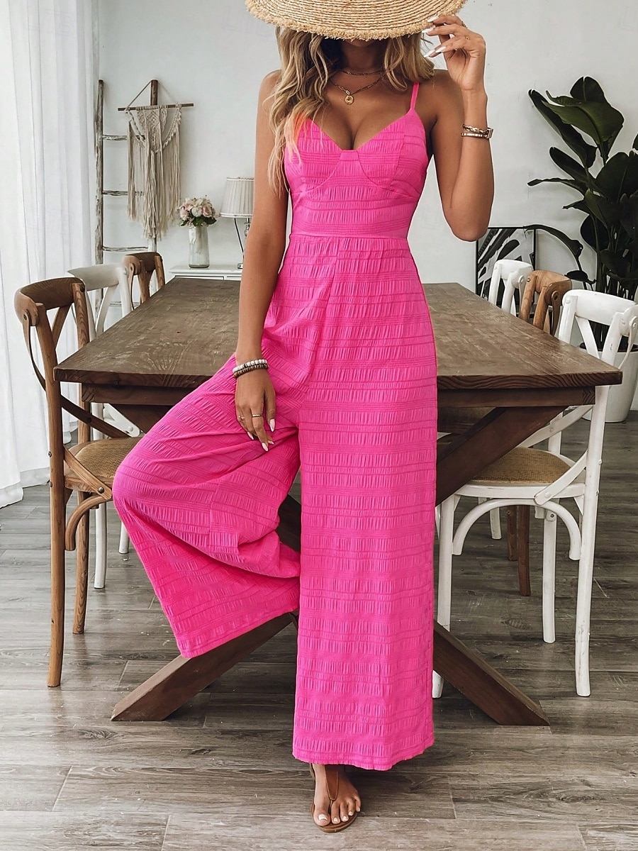 Per donna Normale Tuta Attivo Tinta unica Senza Maniche Gamba larga Scollo a V Fiocco Senza schiena Quotidiano Vacanza Vestibilità regolare Fucsia Estate del 2026 a $25.99 –P5