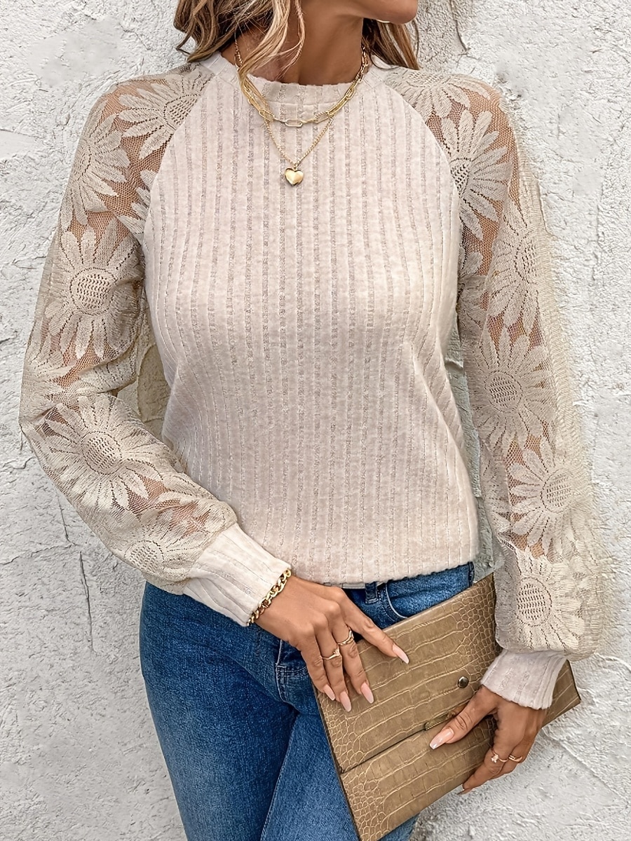 Women's Shirt Blouse Lace Tops Long Sleeve Tops Lace Patchwork Plain Stylish Basic Classic Long Sleeve Crew Neck Regular Tops Daily Holiday Going out Apricot Summer Spring 2026 - $21.99 –P4