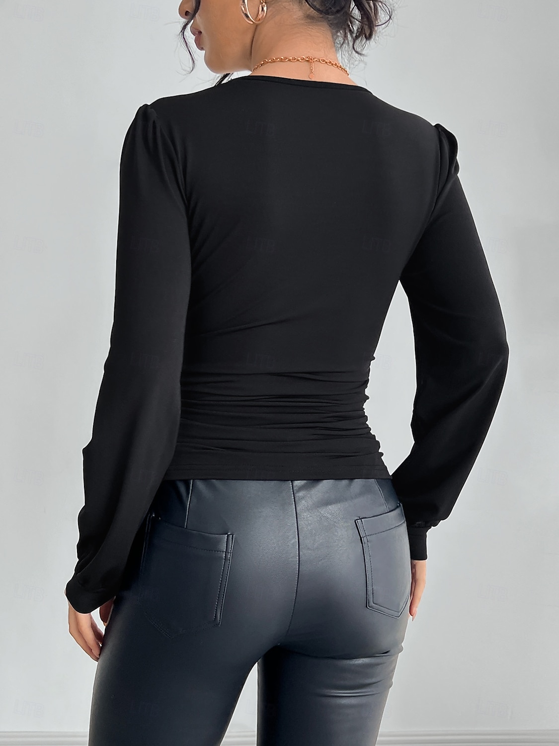 Damen Oberteil mit Spitzenspleiß Spitze Strass Geraffte Seite Stilvoll Sexy Langarm V Ausschnitt Normale Oberteile Party-Abendmode Wochenende Schwarz Sommer Frühling Herbst 2026 - $25.99 –P2