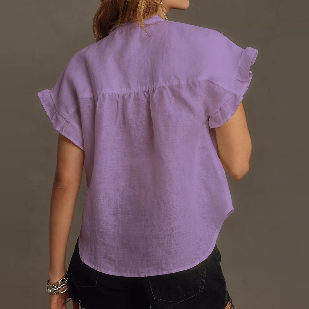 Women's Linen Like Faux Cotton Linen Shirt Casual Shirt Button Up Shirt Ruched Ruffle Buttons Solid Color Plain Daily Stylish Casual Short Sleeve Stand Collar  Holiday Beach Wear Vacation Wear 2026 - $29.99 –P12