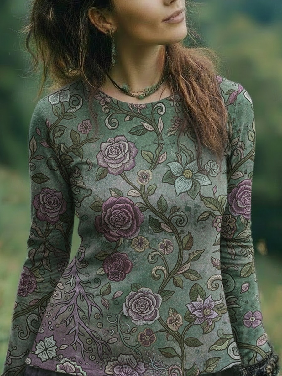 Damen Boho-Hemd T Shirt Druck Blumen Grafik Bohemien Vintage Lässig Langarm Rundhalsausschnitt Normale Oberteile Täglich Wochenende Urlaubskleidung Grün Sommer Frühling Herbst 2026 - $19.99 –P1