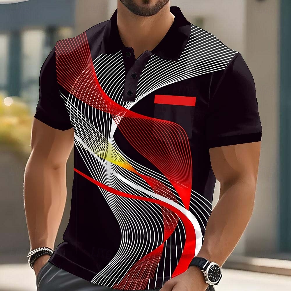 Men's Geometric Line Polo Short Sleeve Polo Shirts Collared Shirts