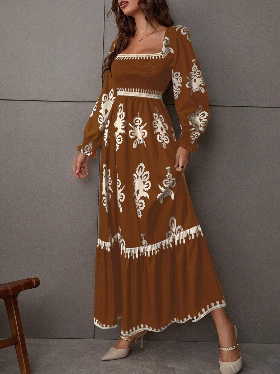 Mujer Vestido maxi Vestido de una línea Vestido de flores Elegante Moda Moderno Exterior Vacaciones Fiesta Ajuste regular Floral Manga Larga Escote Cuadrado Negro Burdeos Marrón Albaricoque Primavera 2026 - $41.99 –P8