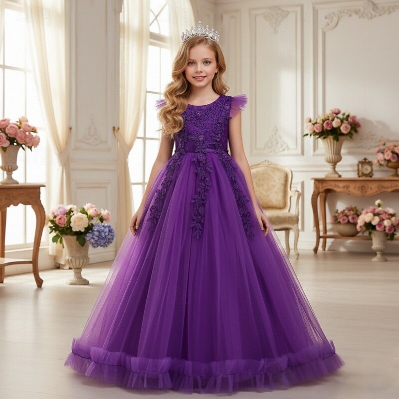 Robe de Demoiselle d'Honneur Fille Fille Robe de soirée Tenue de mariage Soirée Mariage Formel Mode Princesse Beau Maille Couleur Unie Sans manches Col Rond Bleu Jaune 4 ans et + de 2026 ? $47.99 –P13