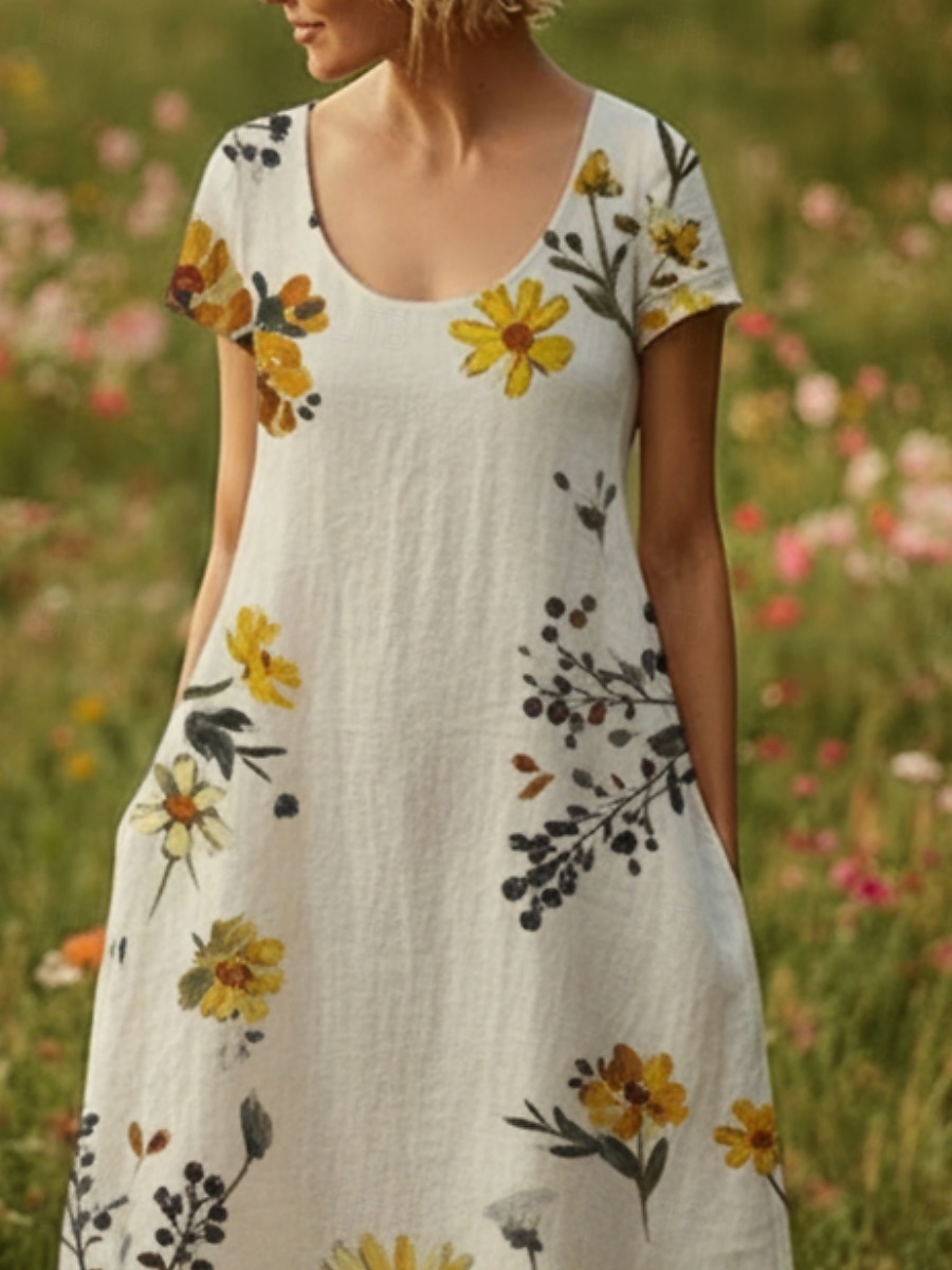 Mulheres Vestido maxi longo Vestido Boho Vestido casual Vintage Diário Ao ar livre Praia Ajuste Largo Floral Manga Curta Decote U Bege Verão Primavera de 2026 por $28.99 –P3