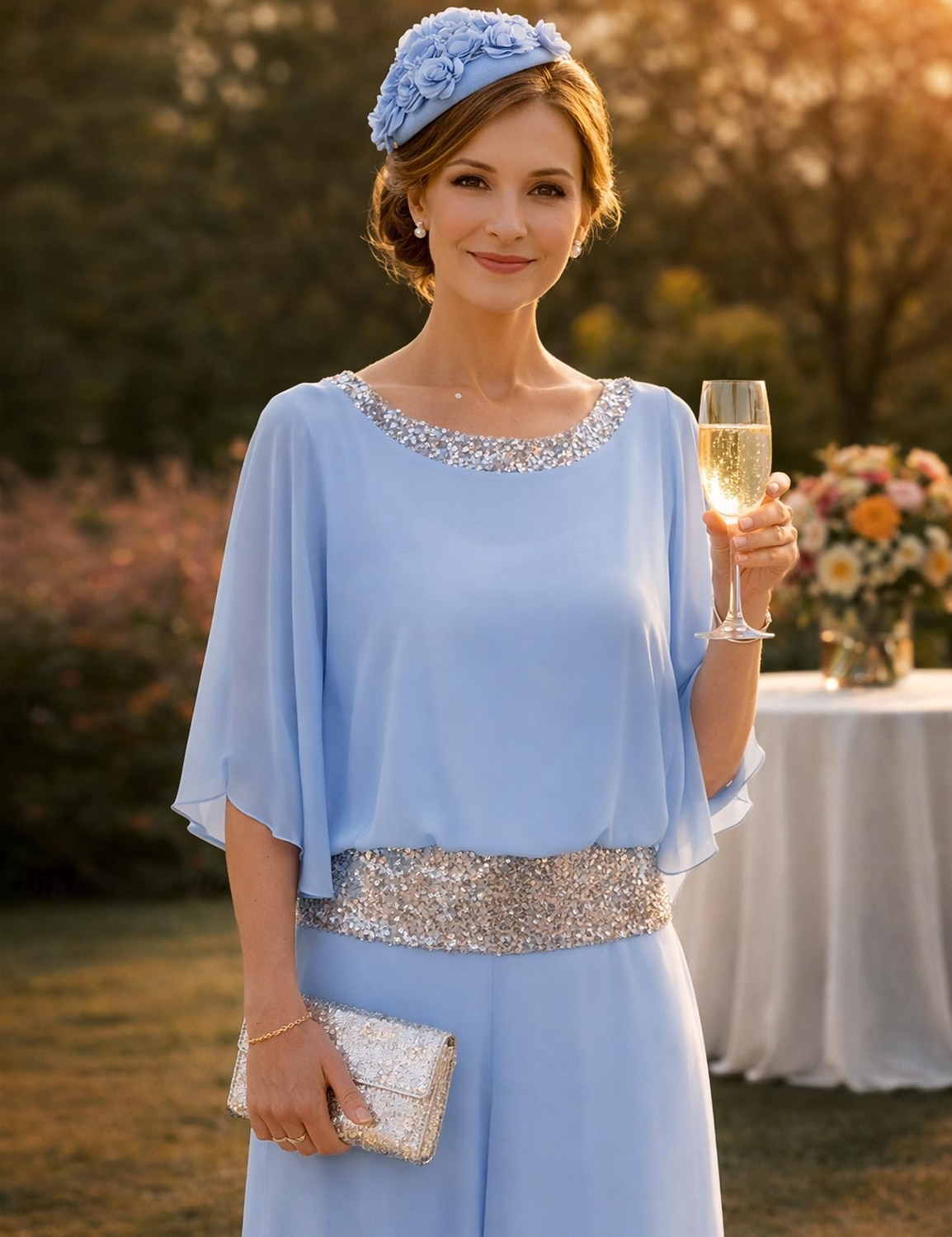 Tvådelad Byxor Golvlång Klänning till brudens mor Halvlång ärm Båthals Elegant Vintage Enkel Bröllopsgäst Helgdag Formell kväll Chiffong med Paljett 2026 - $76.99 –P3