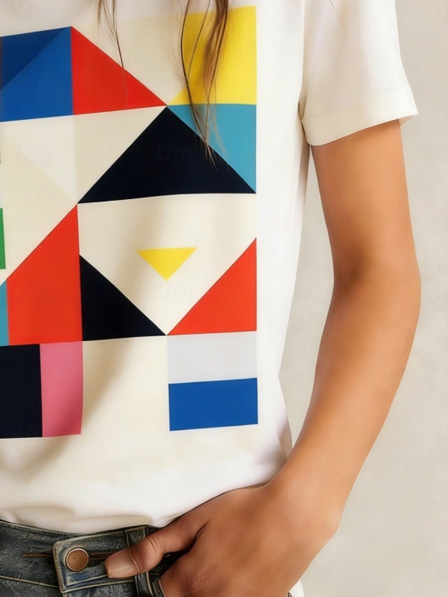 Mulheres Camiseta T-shirt Imprimir Gráfico Geométrica à moda Clássico Casual Manga Curta Gola Redonda Tops regulares Diário Esportes Para Noite Branco Verão Primavera de 2026 por $19.49 –P3