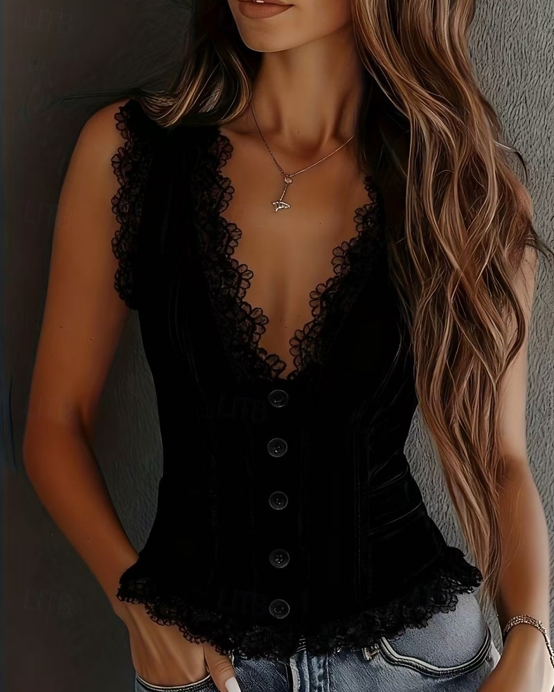 Mujer Blusa Tops de encaje Encaje Plano Elegante Sensual Moderno Sin Mangas Escote en Pico Tops regulares Diario Festivos Noche Negro Blanco Verano Primavera 2026 - $46.99 –P4