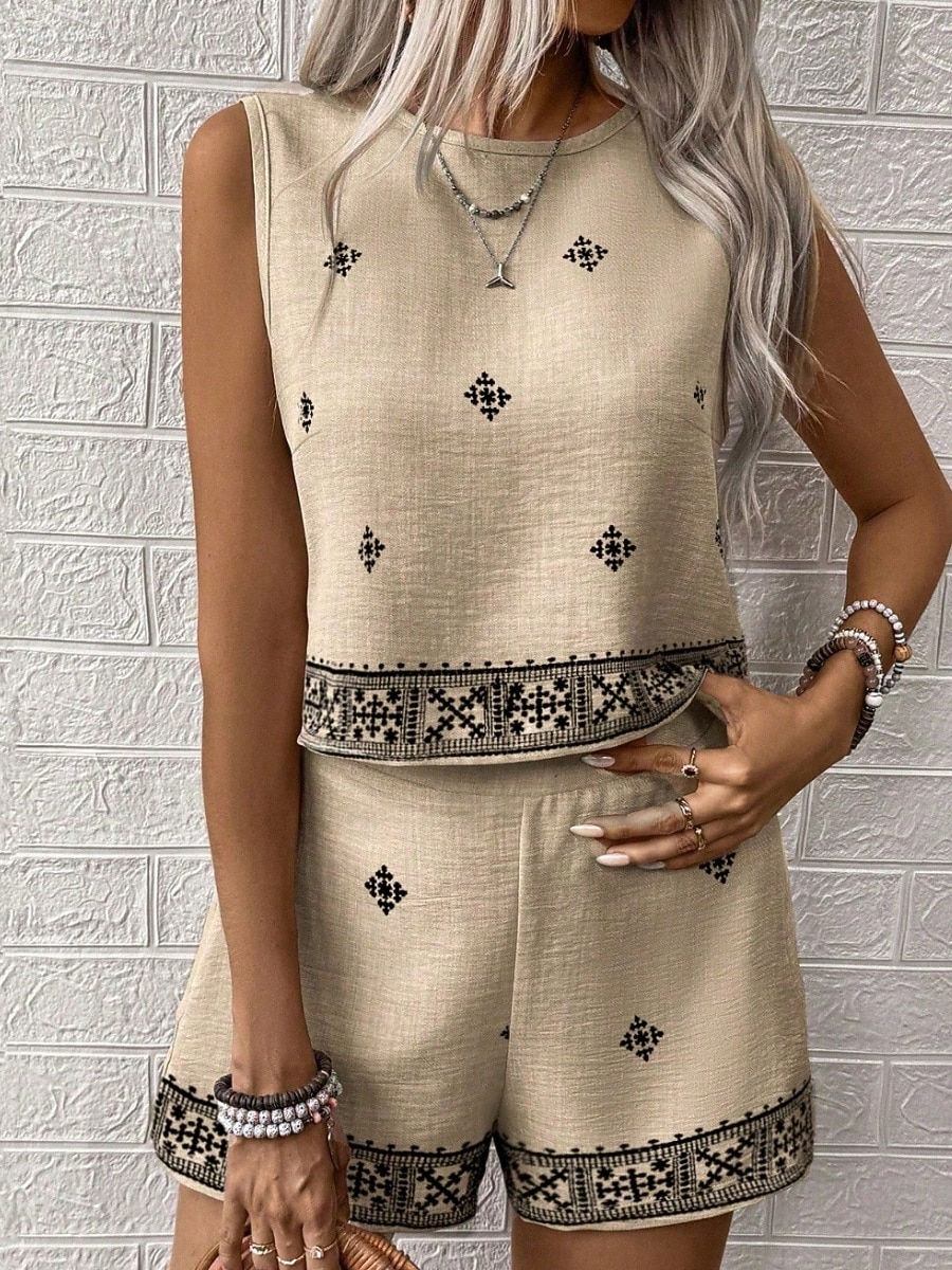 Femmes Ensemble effet lin Ensembles de Shorts Sans manches Col ras du cou Géométrique Imprimé Élégant Mode Streetwear Occasionnel Quotidien Extérieur Bleu Kaki Vert Été Coupe régulière de 2026 ? $41.99 –P5