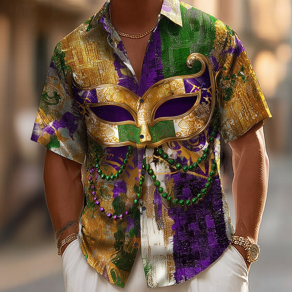 Mardi Gras Men's Carnival Beads Mask with Feathers Shirt Button Up Shirt Short Sleeve Vintage Retro Party Holiday Summer Spring Turndown 3D Print Collared Shirts Purple / Green / Yellow Purple Dark 2026 - $25.99 –P3
