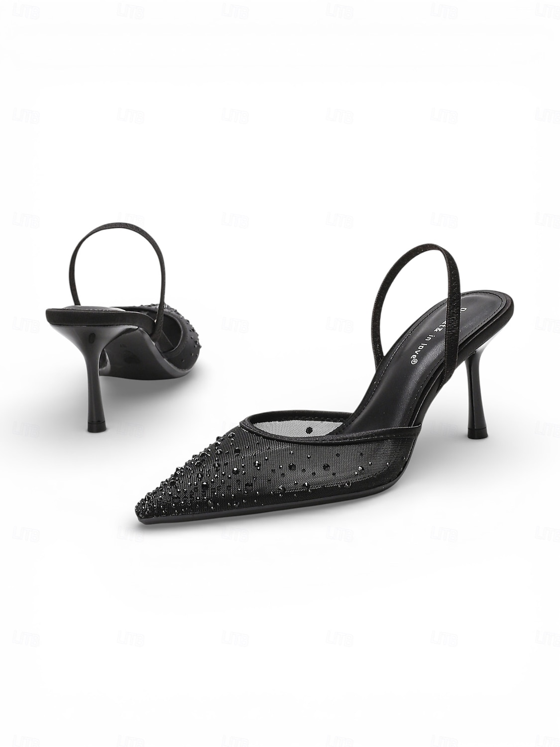 Damesko med svart krystallslingback og stiletthæler, elegante pensko med spiss tå for gjester i fasjonabelt bybryllup 2026 - $59.99 –P3