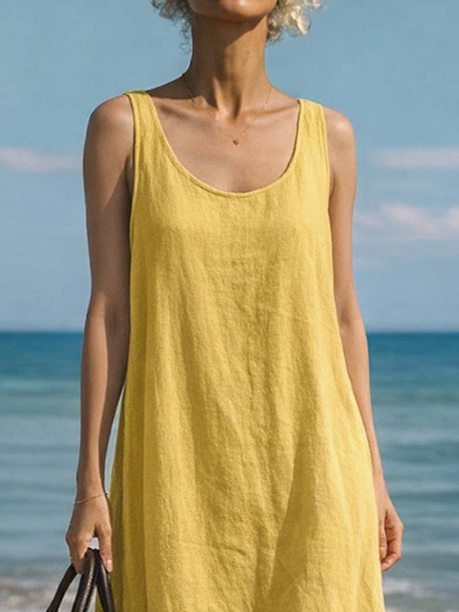 Per donna Abito maxi Finto cotone e lino Abito a Tubino Abito Estivo Abito Sottoveste Casual Spiaggia Quotidiano Vestibilità comoda Semplice Senza Maniche Collo a U Blu blu navy Giallo Rosso Estate del 2026 a $27.99 –P4