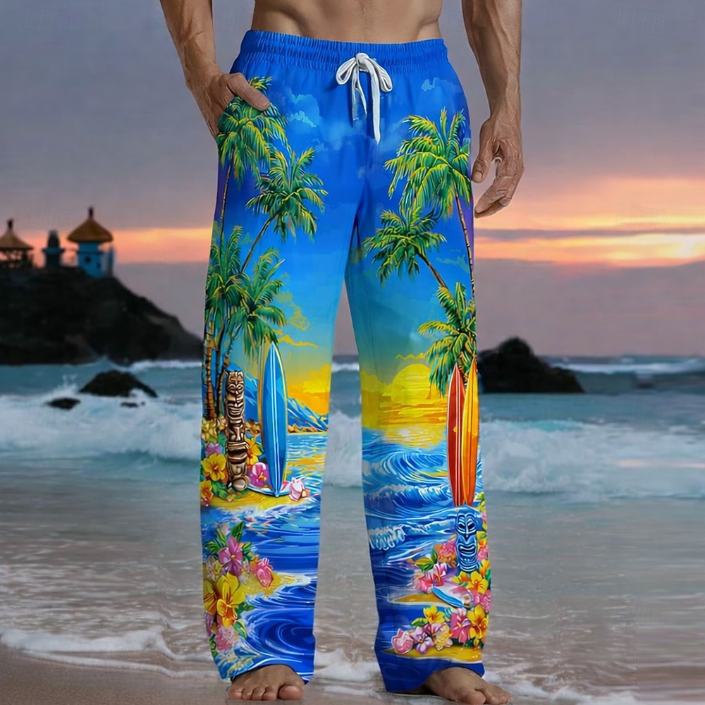 Voor heren Tropische planten Tikkie Bloemen Broek Wijde broek Vrijetijdsbroek Medium Taille Hawaii Buiten Vakantie Strand Kleding Elastische tailleband met trekkoord Linnen broek met zakken Zomer 2026 - $27.99 –P2
