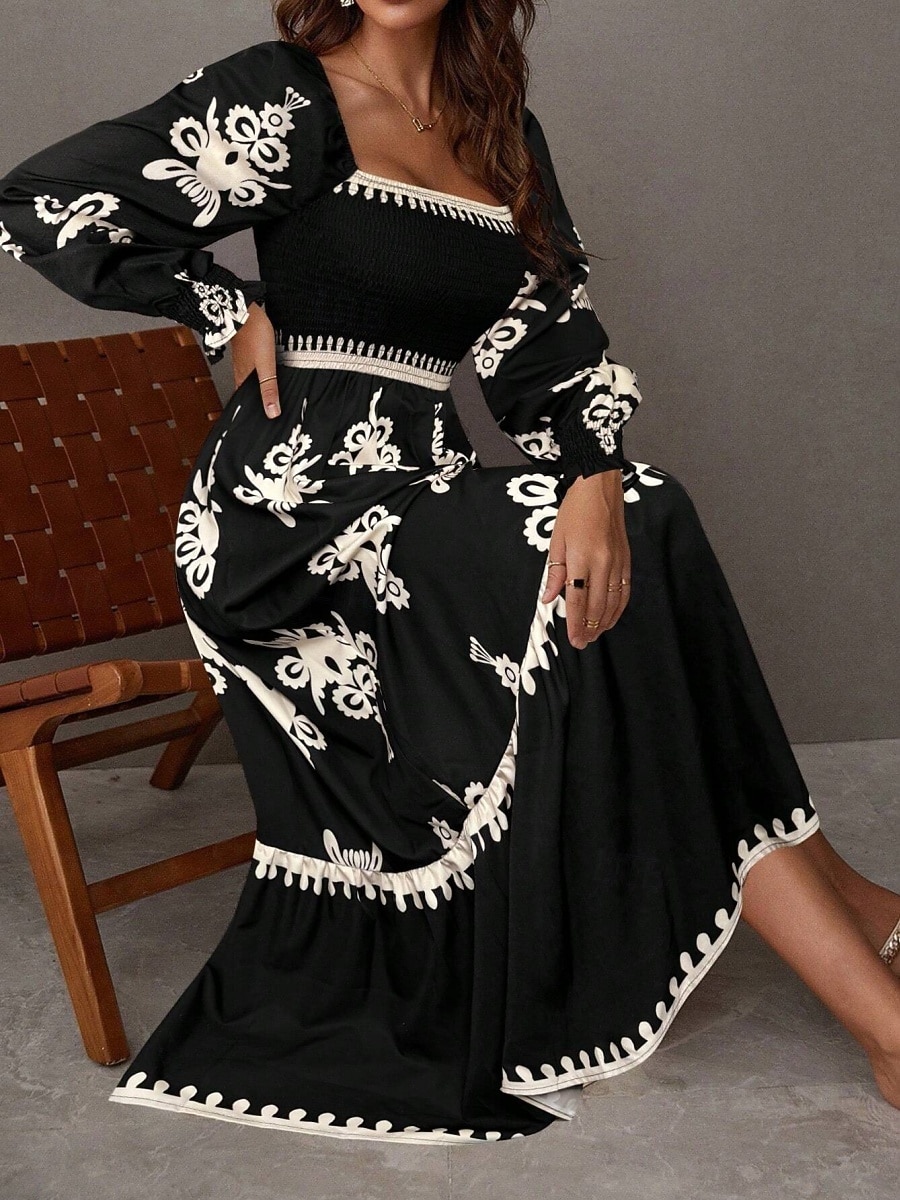 Mujer Vestido maxi Vestido de una línea Vestido de flores Elegante Moda Moderno Exterior Vacaciones Fiesta Ajuste regular Floral Manga Larga Escote Cuadrado Negro Burdeos Marrón Albaricoque Primavera 2026 - $41.99 –P6