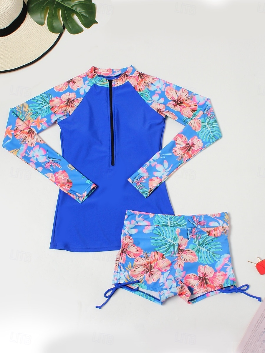 Жен. Купальники Танкини 2 шт. Шорты купальник Утягивание живота Завышенная Тонкие Открытая спина Отпуск Одежда для пляжа Цветочный принт Вырез под горло Длинный рукав Купальники 2026 - $32.99 –P6