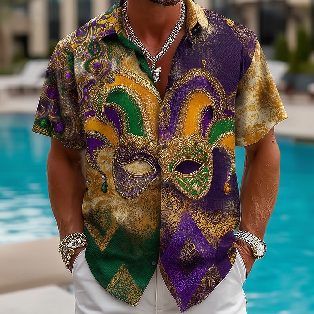 Mardi Gras Men's Carnival Beads Mask with Feathers Shirt Button Up Shirt Short Sleeve Vintage Retro Party Holiday Summer Spring Turndown 3D Print Collared Shirts Purple / Green / Yellow Purple Dark 2026 - $25.99 –P2