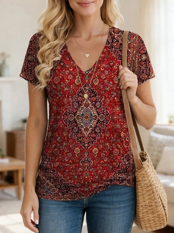 Mujer Camiseta Estampado Graphic Geométrico Cachemir Vintage Elegante Clásico Manga Corta Escote en Pico Tops largos Diario Rojo Rosa Brillante Verano Primavera 2026 - $21.99 –P1