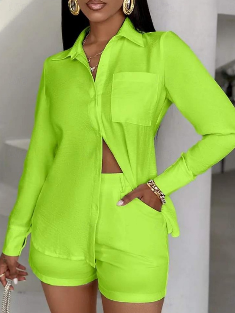 Жен. Комплекты шорт Болеро Топ Длинный рукав Рубашечный воротник Сплошной цвет Мода Уличный стиль Повседневные на открытом воздухе Офис Белый Зеленый Лето Стандартный 2026 - $39.99 –P3