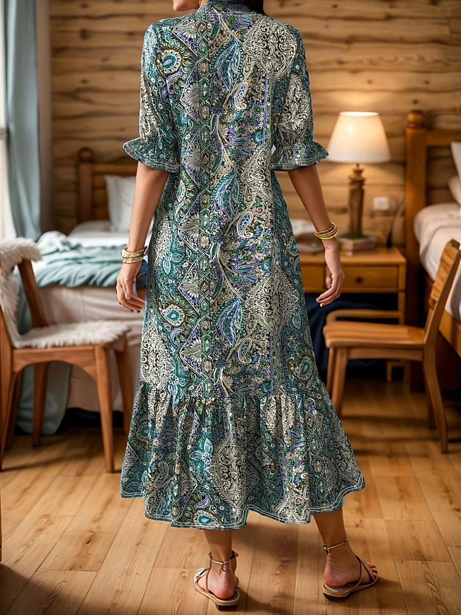Women's Midi Dress Floral Dress Print Dress Fashion Modern Outdoor Vacation Going out Loose Fit Floral Half Sleeve V Neck Teal Red Purple Summer Spring 2026 - $27.99 –P5