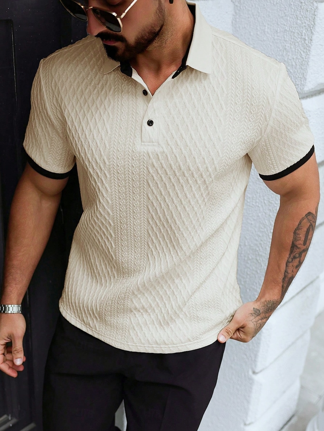 Herre Poloskjorter Med Tekstur Avslappet Virksomhet Ribbet polokrage Klassisk Kortermet Mote Grunnleggende Helfarge Jacquardvevnad Knapper Sommer Vår Vår & Vinter Normal Hvit Beige Poloskjorter 2026 - $25.99 –P7