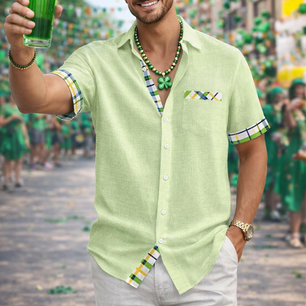 herenoverhemd linnen overhemd St. Patrick's Day zomeroverhemd strandkleding overhemd met knoopsluiting effen kleur casual strand korte mouwen kraag zomer lente &zomerkleding, kleding in kleurblokken 2026 - $26.99 –P2